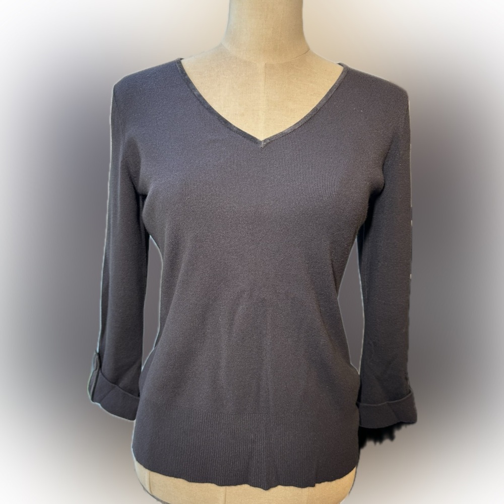 Dana Buchman brown vintage 3/4 sleeve sweater top, small. Suede trim.